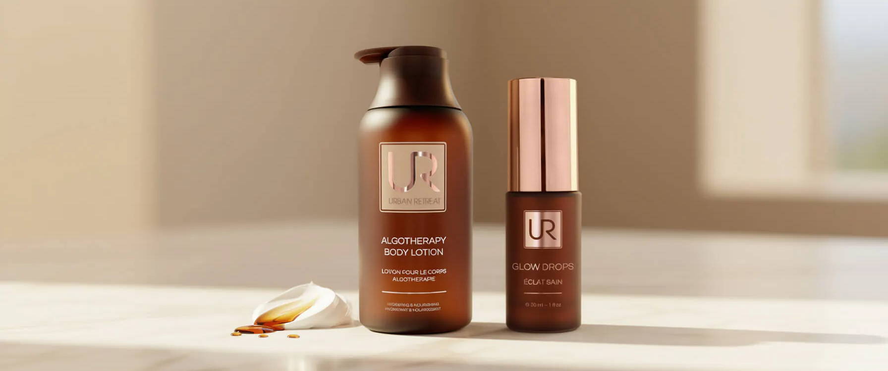 Two skincare products on a table with soft lighting.