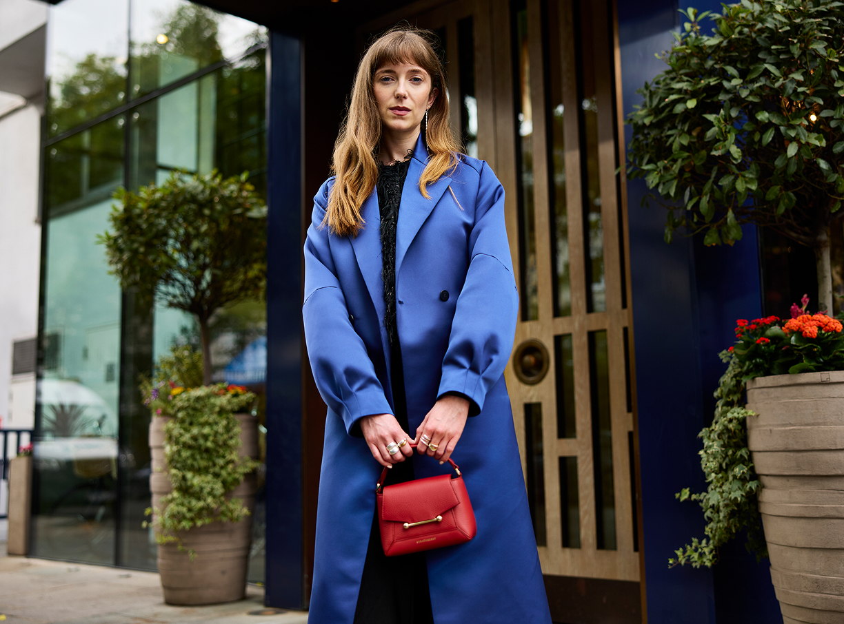Cara wearing our ink blue Celier coat