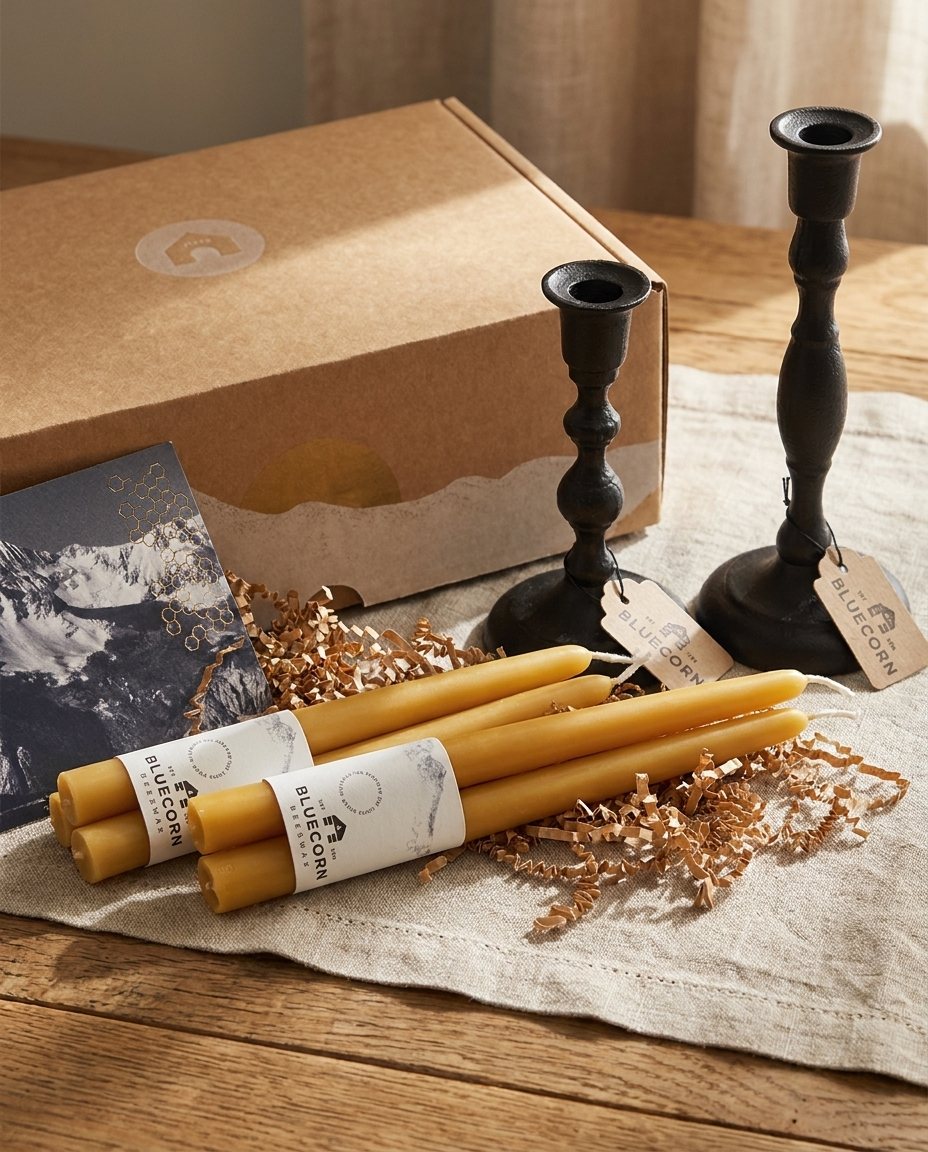 Beeswax Tapers + Candlestick Holder Gift Set
