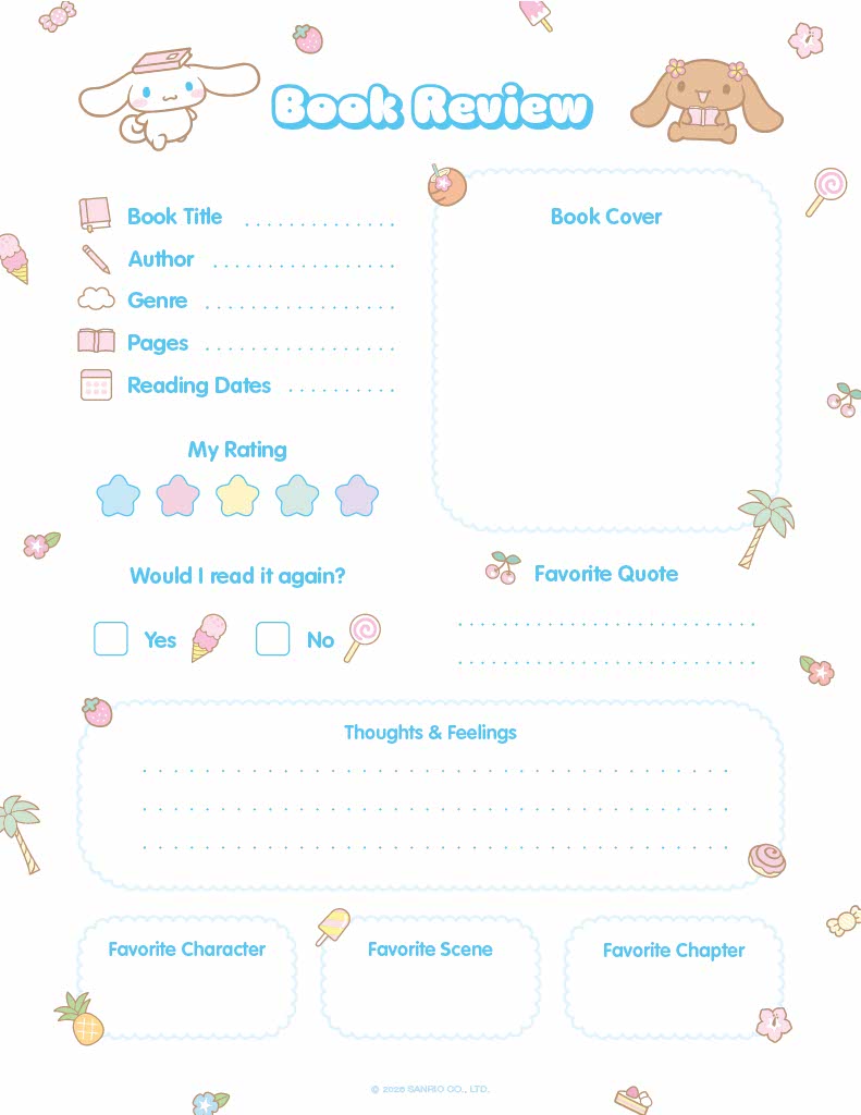 A cute book review template with spaces for details and personal reflections.