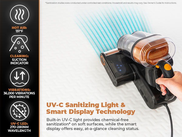 UV-C sanitizing light and smart display technology for cleaning devices.