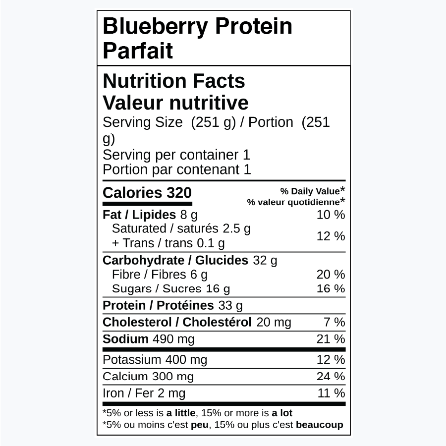 Nutrition facts for Blueberry Protein Parfait, including calories and nutrients.