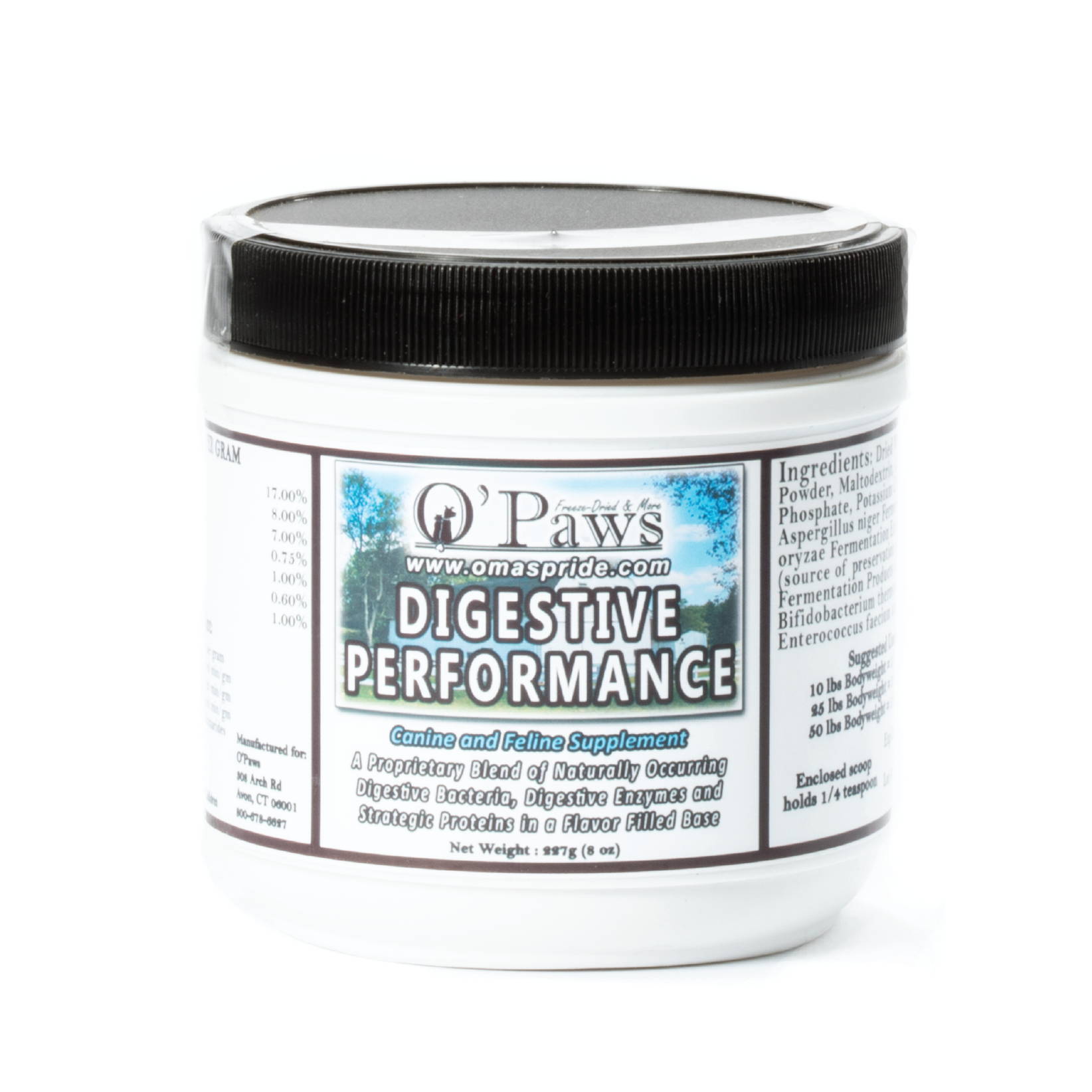 Oma's Pride digestive performance supplement jar on white background.