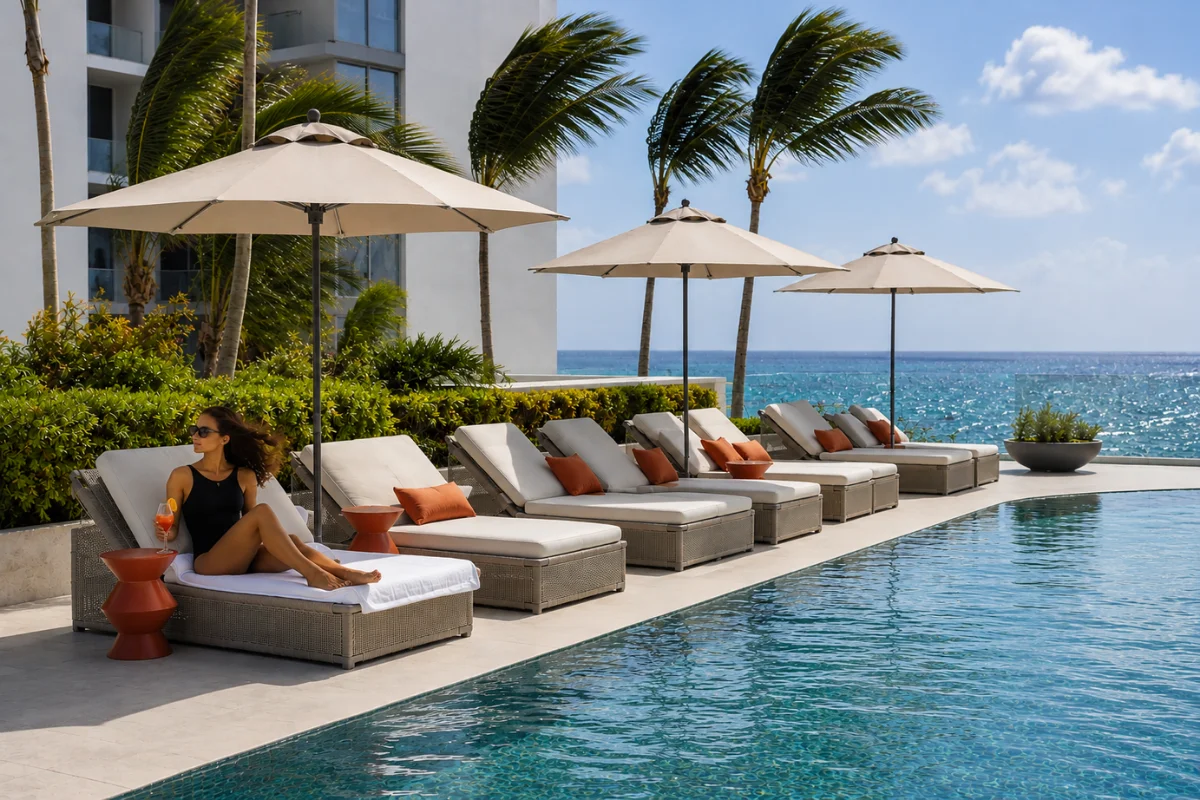 Luxury hotel pool deck with cushioned chaise lounges, outdoor umbrellas, and ocean views