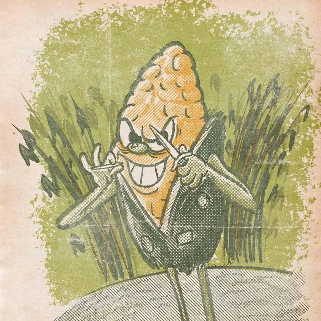 DupliTone halftone illustration of a personified corn cob holding a knife and cigarette by Good Cat