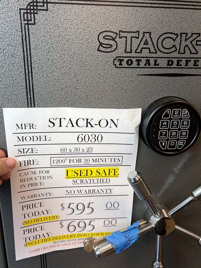 STCK-ON gun safe exterior with sale price tag on door - SES spring cleaning sale
