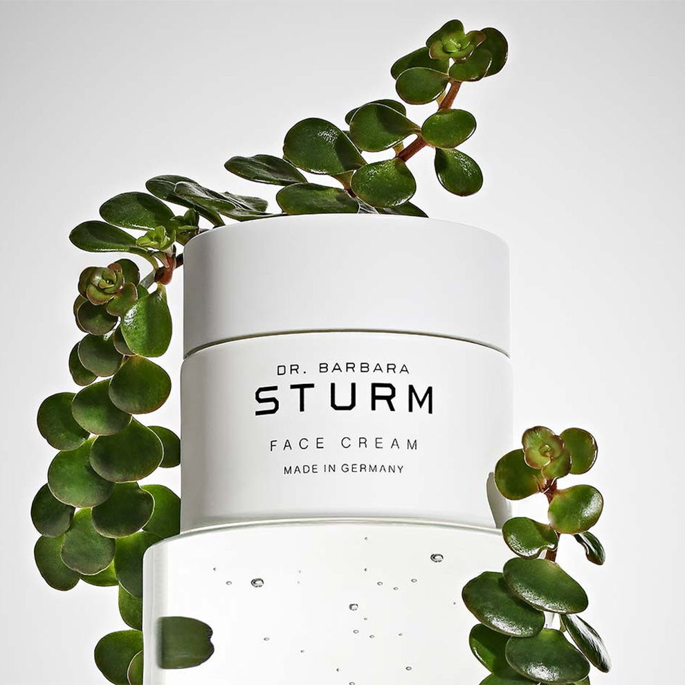 A jar of Dr. Barbara Sturm face cream surrounded by green leaves.