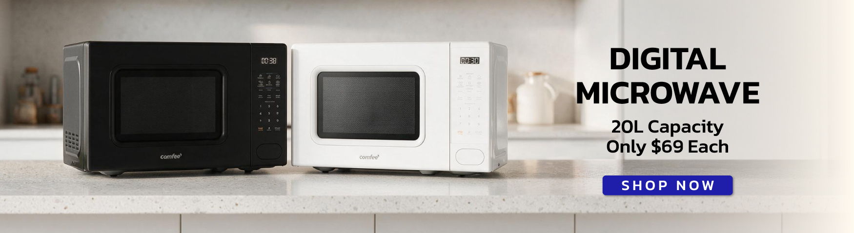 Digital microwaves in black and white on a kitchen countertop.