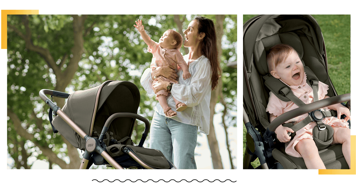 A mother holding a baby next to a stroller and a happy child.