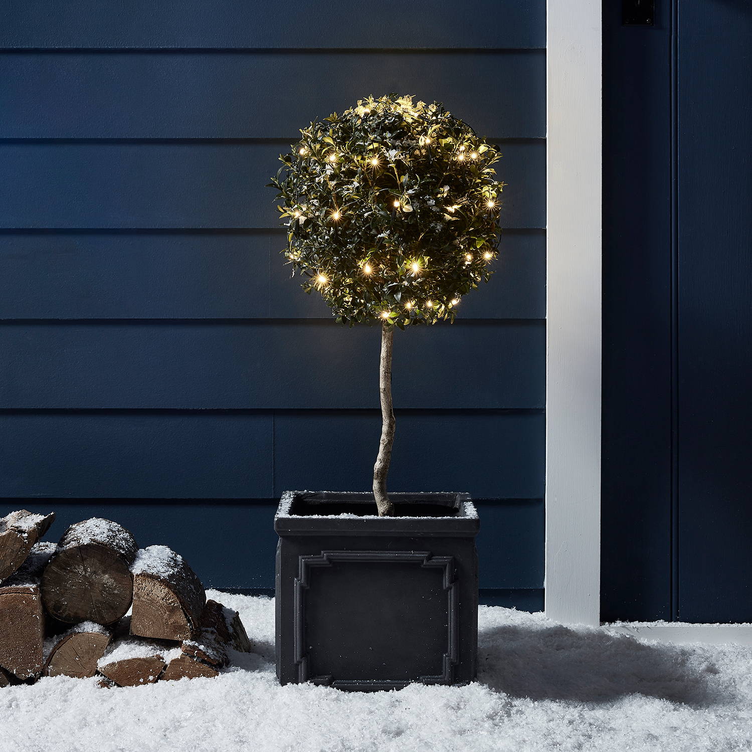 Outdoor shrub with lights in an outdoor snowy setting.