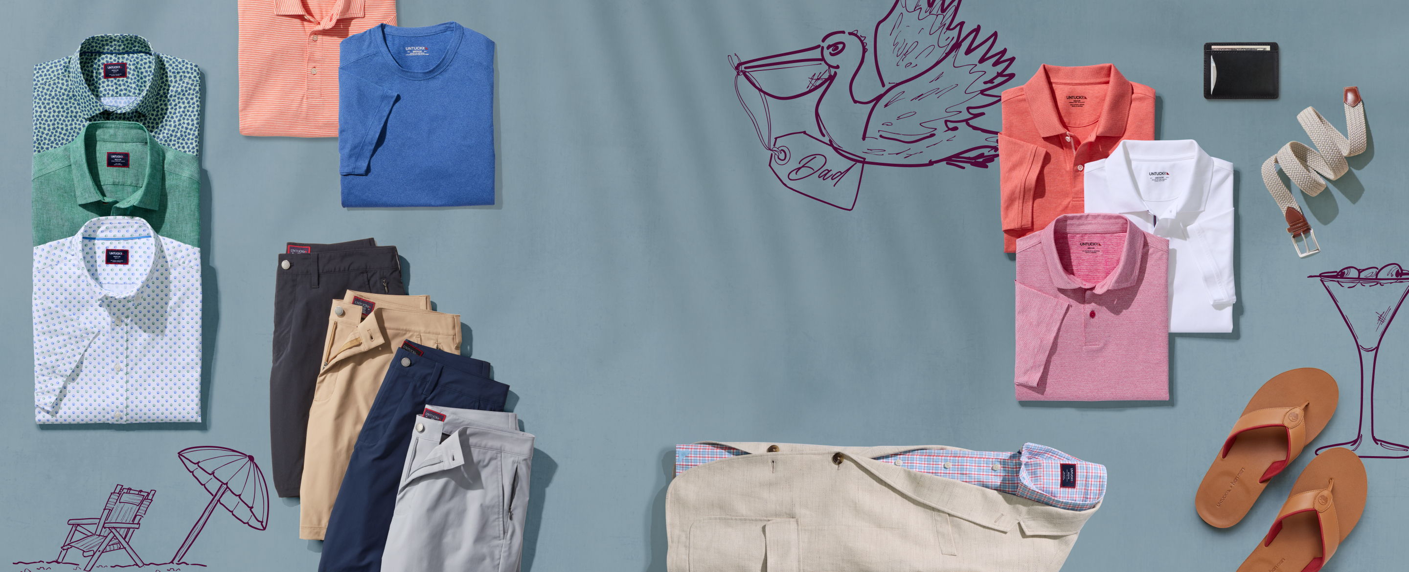 Assorted clothing items arranged aesthetically on a flat surface.