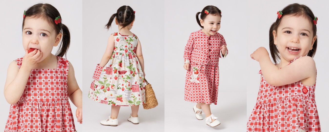 A young girl in various dresses, smiling and posing.