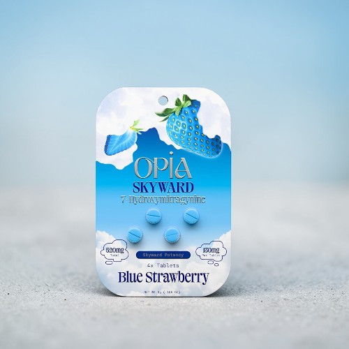 Blue Strawberry flavored tablet packaging with a sky-themed design.