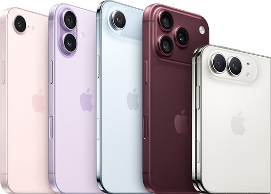 A collection of various colored iPhones arranged side by side.