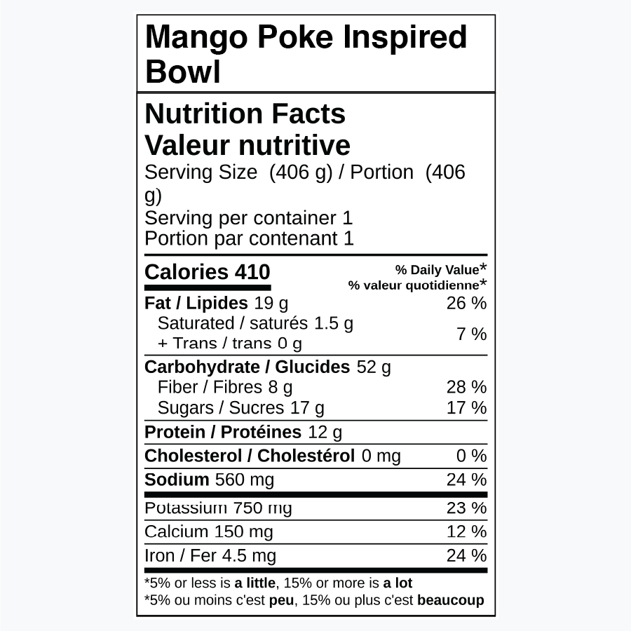 Nutrition facts for Mango Poke Inspired Bowl, including calories and nutrient values.