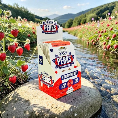 Box of strawberry-flavored snacks on a rock by a river and strawberry plants.