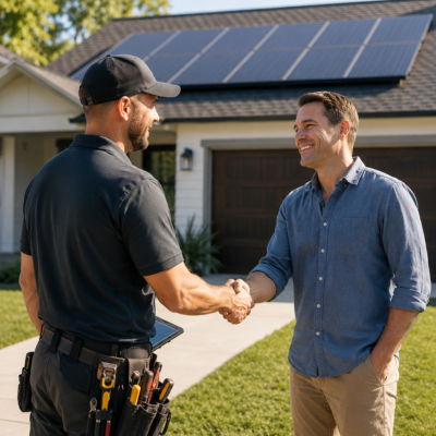 Two men shaking hands in front of a house with solar panels.