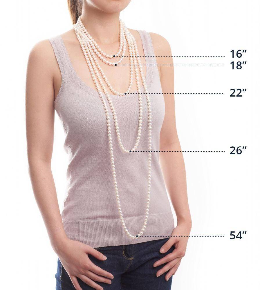 Image of various necklace lengths on neck.