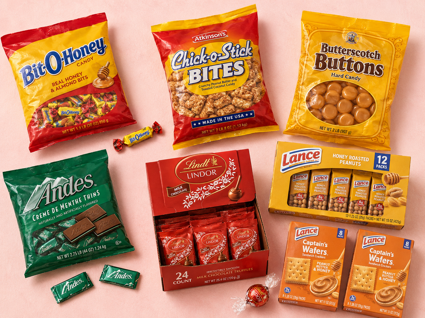 Sunday School Stock-Up bulk candy bundle for churches: Bit-O-Honey, Chick-o-Stick Bites, Butterscotch Buttons, Andes Mints, Lindor mini bags, and Lance Honey Roasted Peanuts and Captain's Wafers