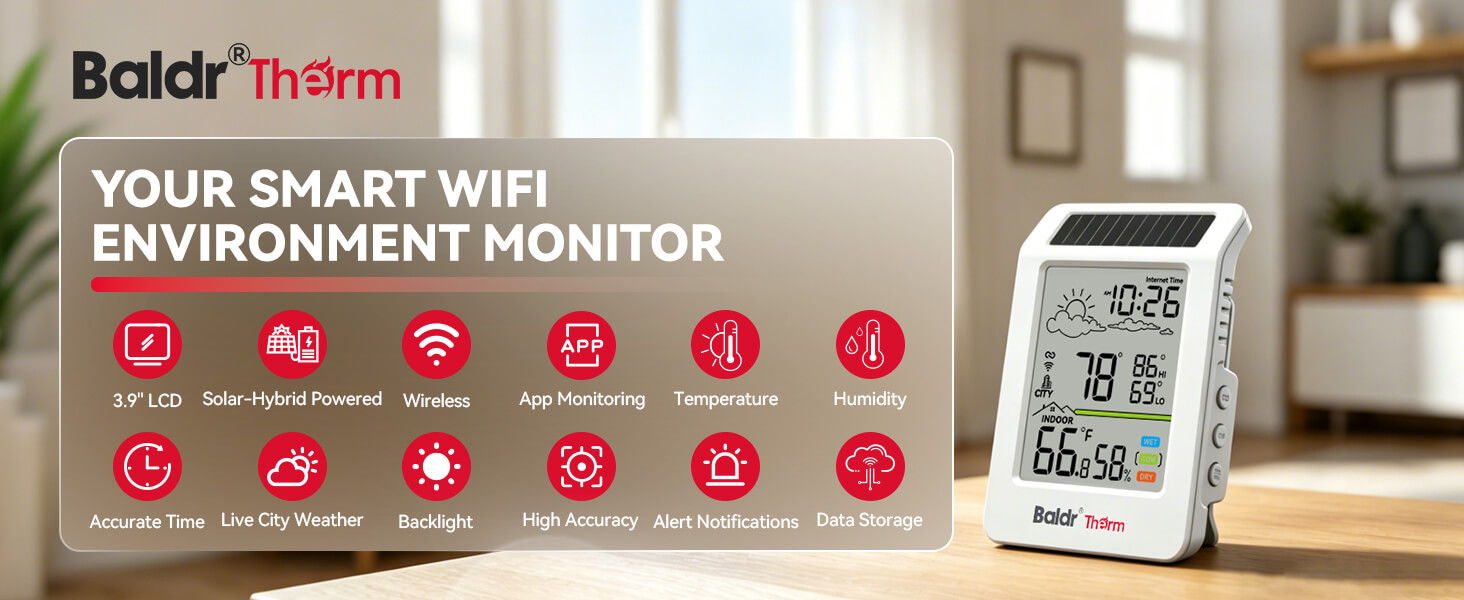 Smart WiFi environment monitor with digital display and various features.