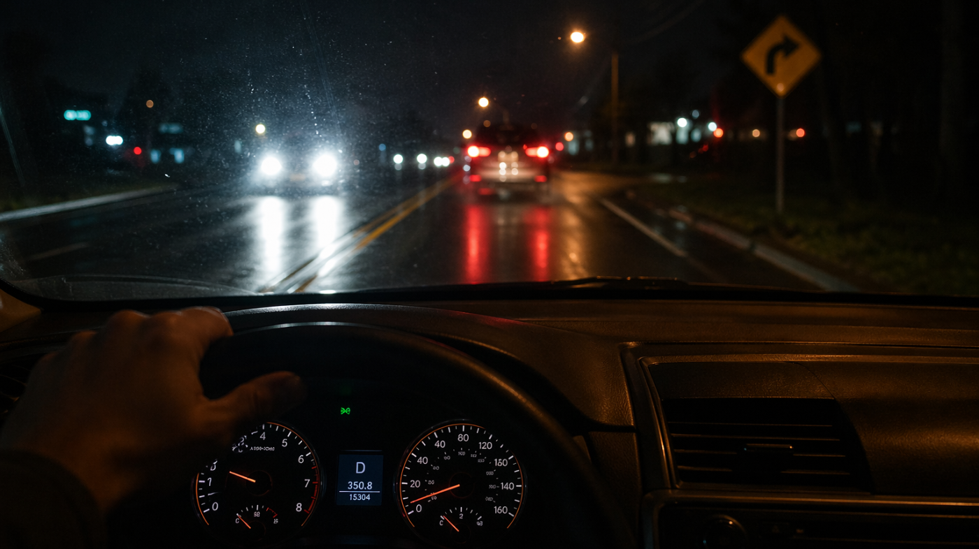 Night driving view showing a dark roadway illuminated by vehicle headlights, streetlights, and reflective lane markings, emphasizing low-light visibility and nighttime road conditions