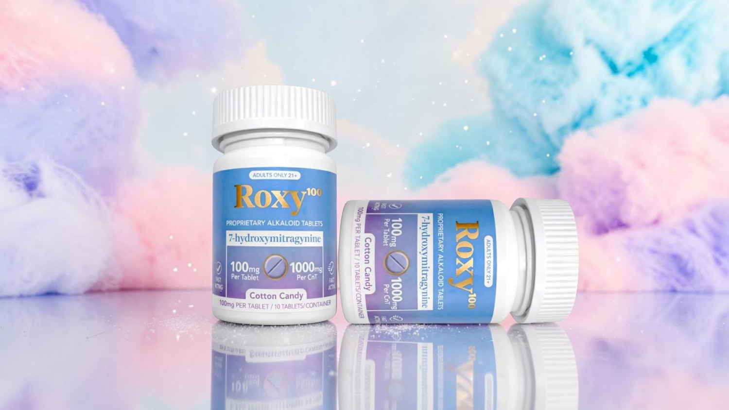 Two bottles of supplements against a colorful, cotton candy background.