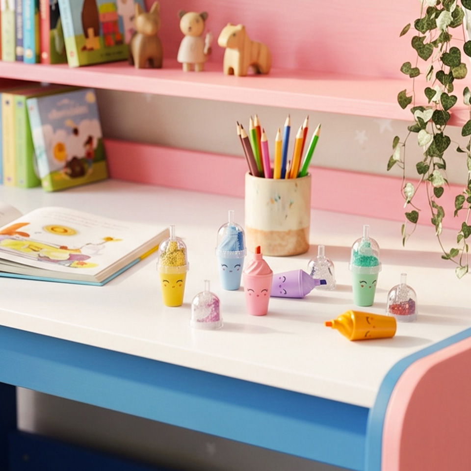 A colorful desk with toys, art supplies, and a plant.