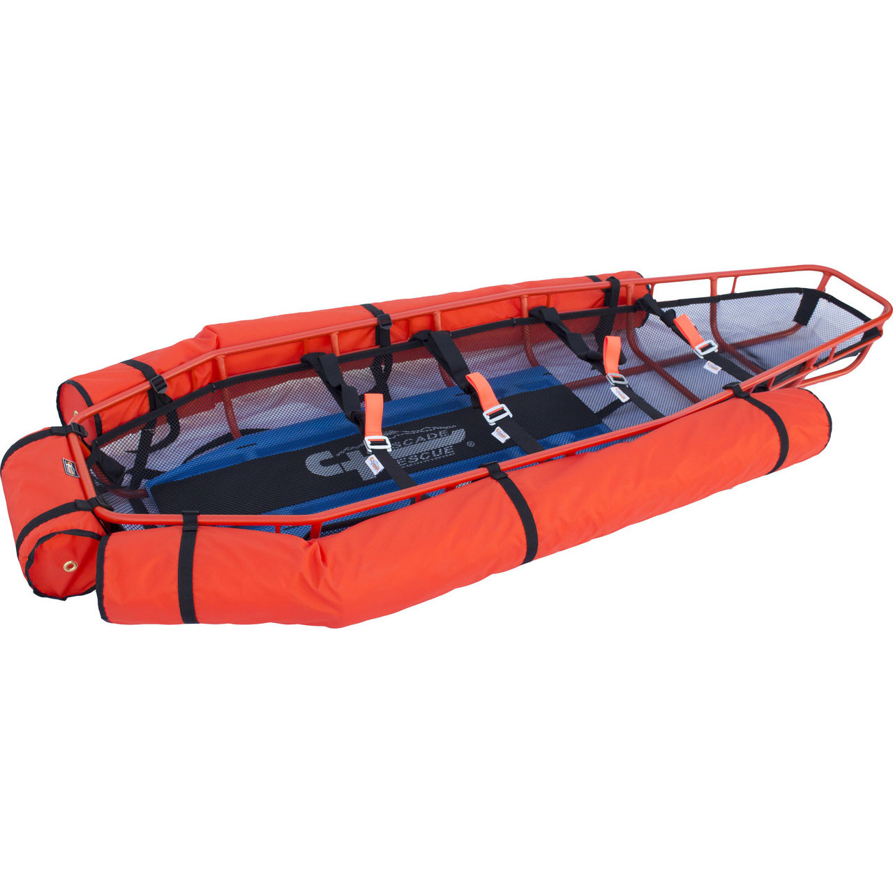 Orange rescue stretcher with straps, designed for emergency transport.