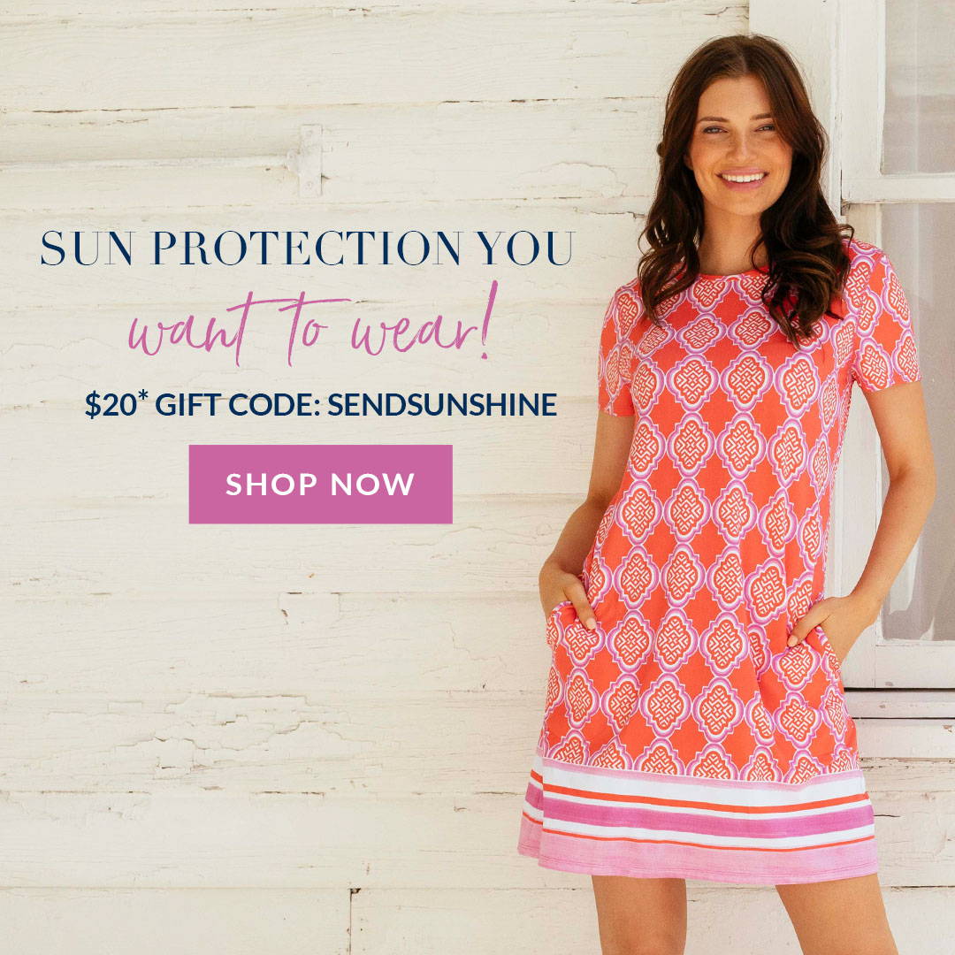 Woman wearing Coral Geo Sleeve Shift Dress. $20 Gift Code: SENDSUNSHINE. Shop dresses now.