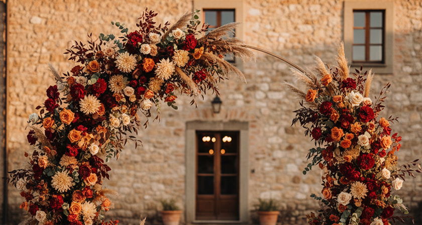 Half-moon wedding floral arch with burgundy roses, dahlias, and pampas grass.