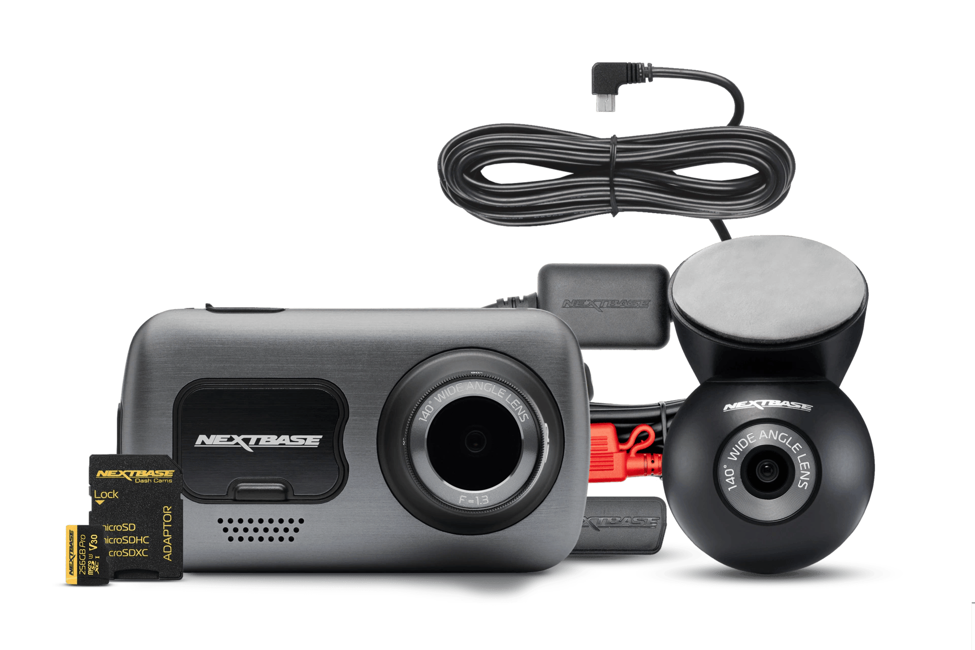 Car dashcam kit with camera, mount, and power cable.