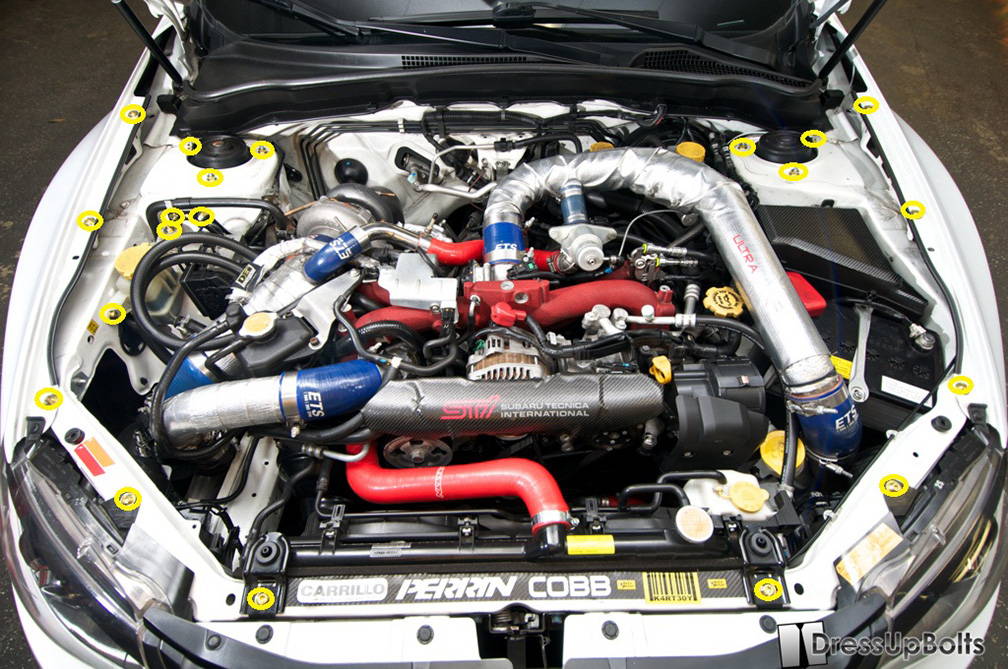 The Dress Up Bolts Subaru WRX Engine Bay Kit includes 46 high quality Titan...