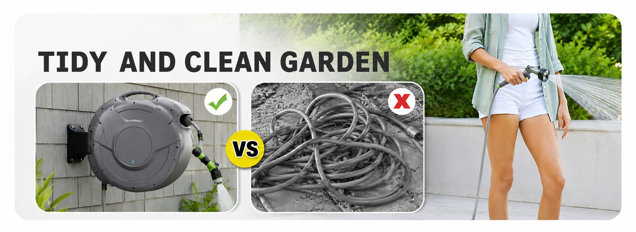 Comparison of a tidy garden hose reel versus a tangled garden hose.