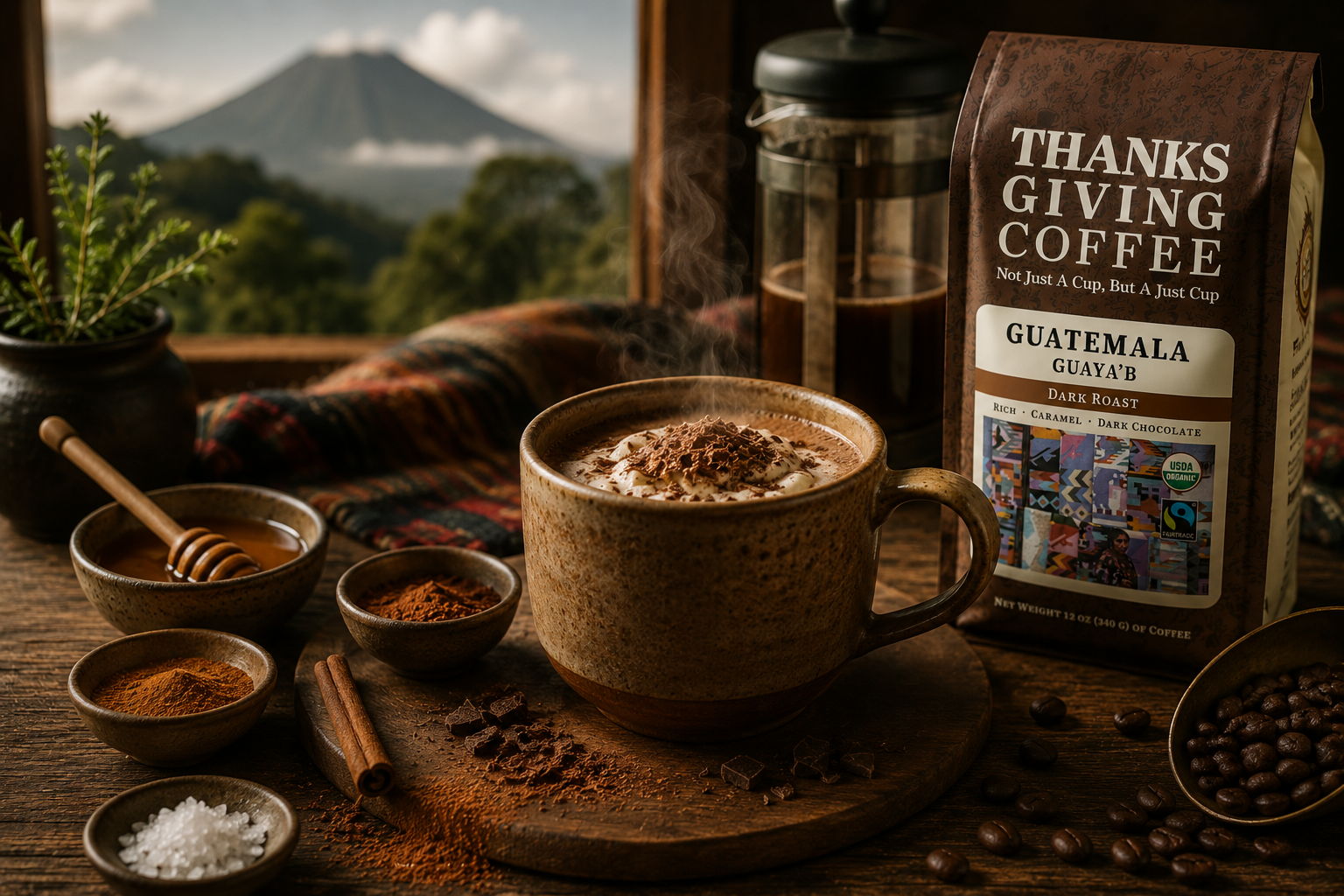 A cup of coffee with a mountainous backdrop and coffee packaging.