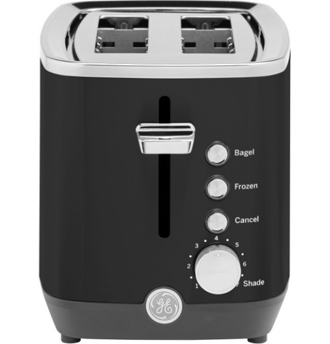 Black toaster with two slots and control knobs.