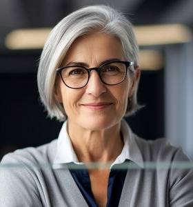 Woman with grey hair wearing black oval glasses