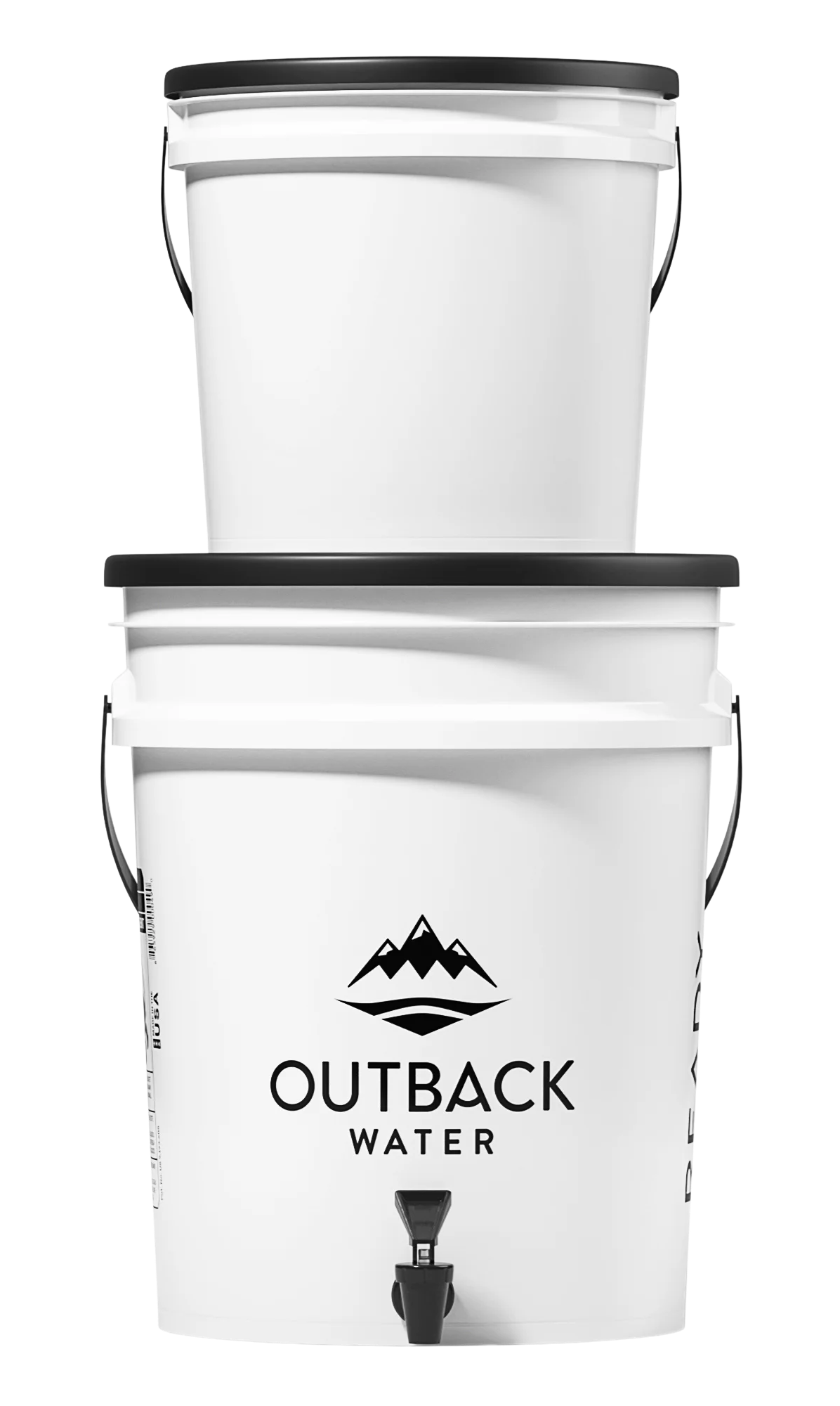 Two stacked white buckets labeled 