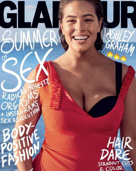 Magazine cover featuring a woman in red, with bold text surrounding her.