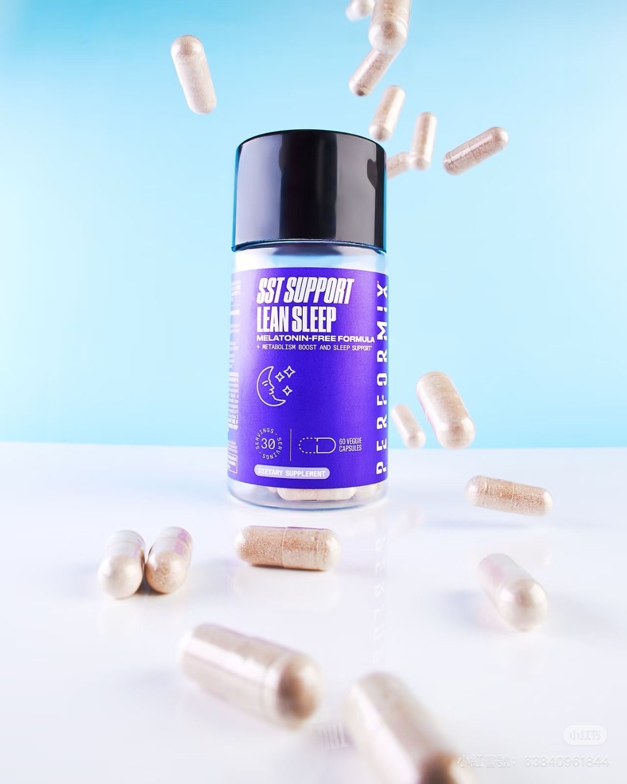 Bottle of sleep support capsules with scattered pills against a blue background.