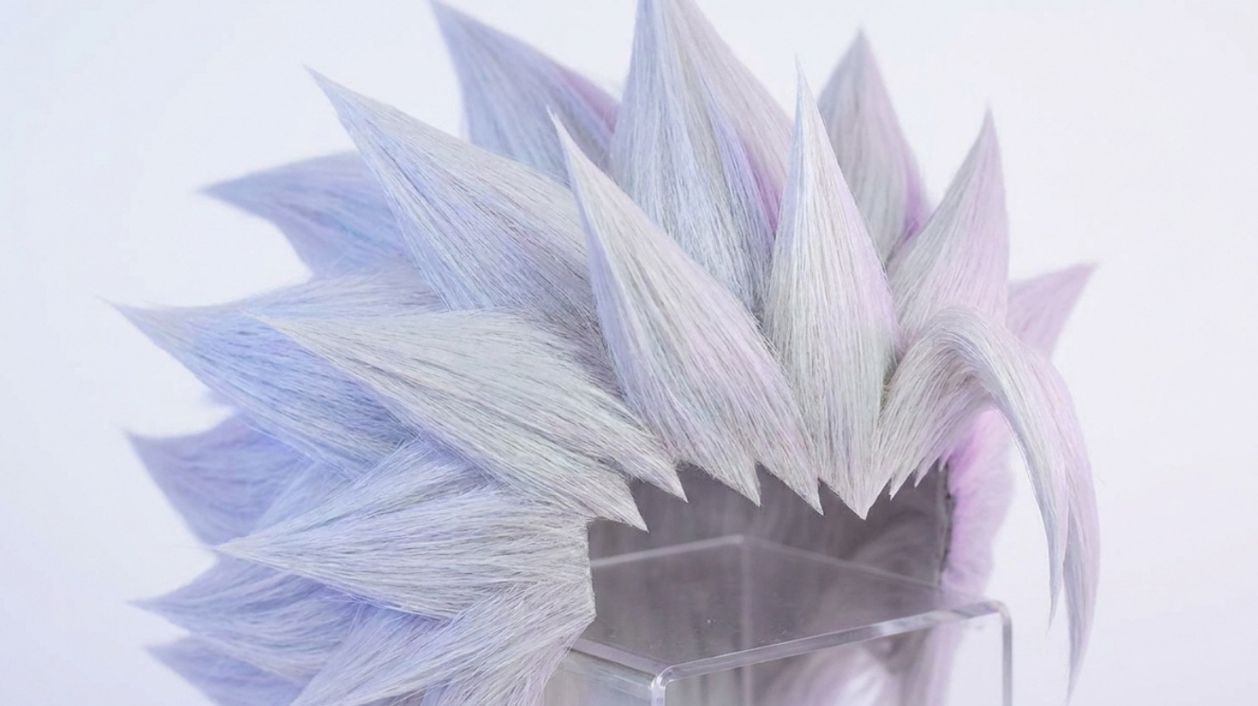 White spiked wig styled for Toshiro Hitsugaya Bleach cosplay with matte frosted finish