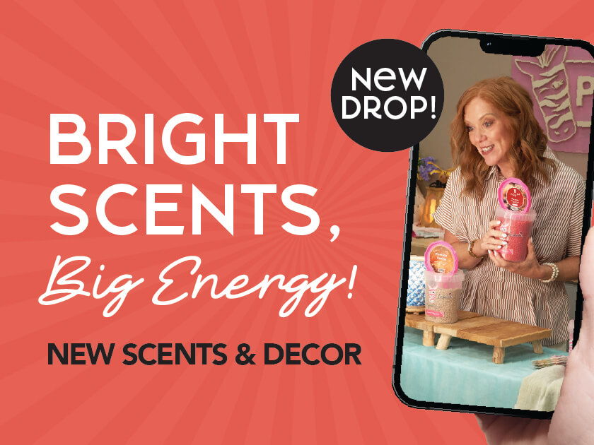 Bright scents and new decor promotional image featuring a woman holding a drink.