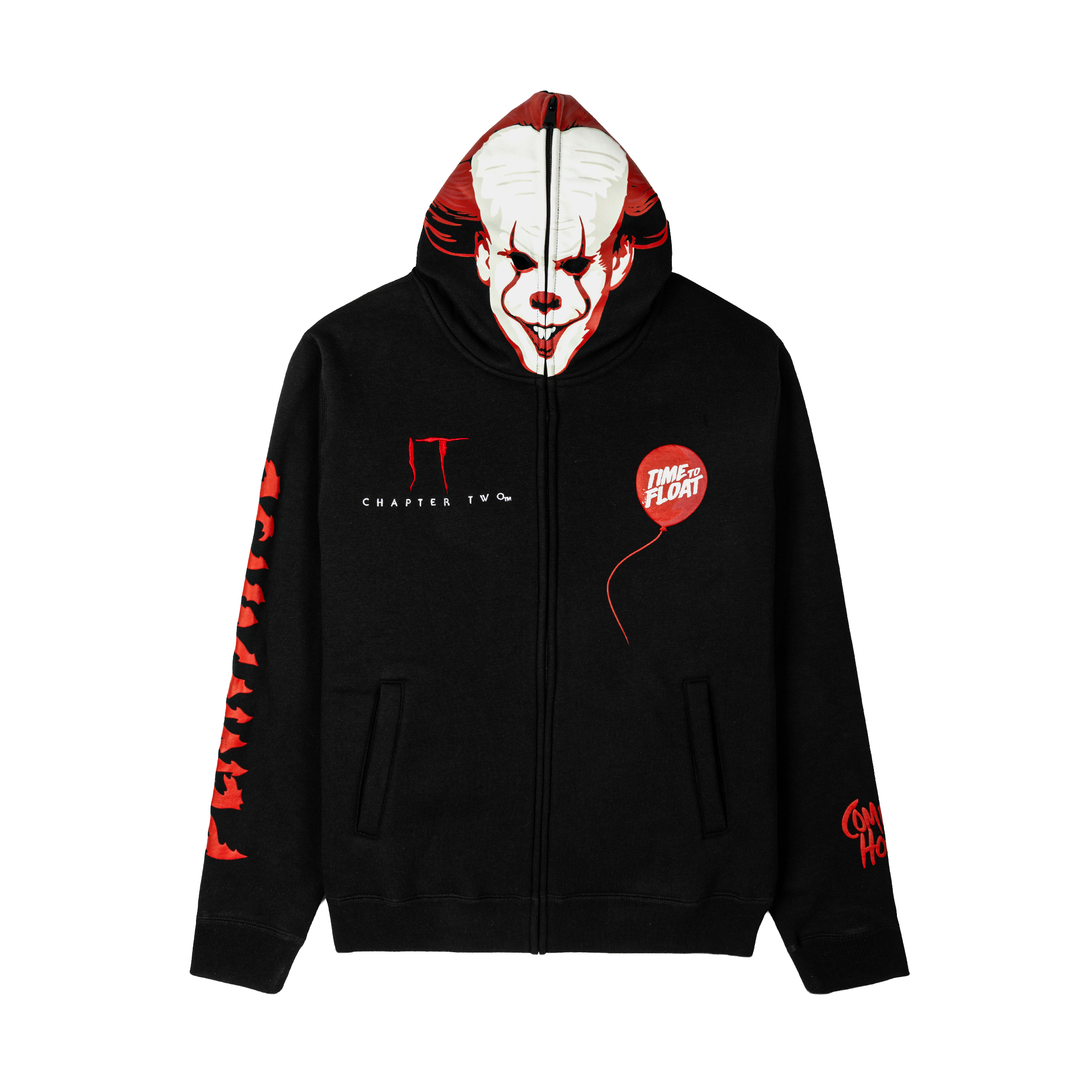 Black hoodie featuring a clown face and red balloon design.