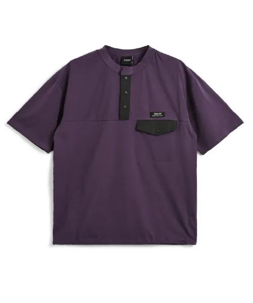 Purple short-sleeve shirt with a buttoned collar and chest pocket.