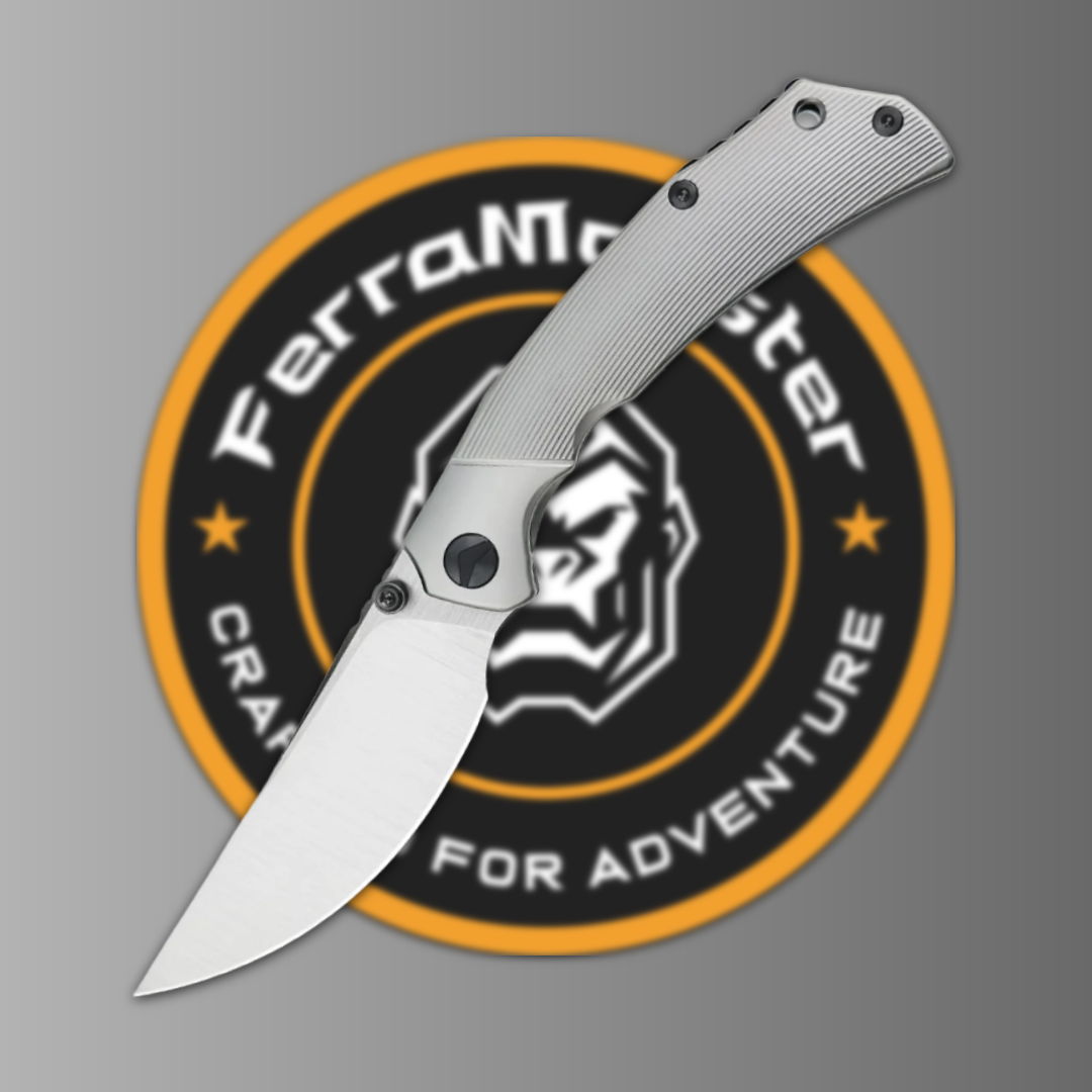 A folding knife with a silver blade and a circular logo background.
