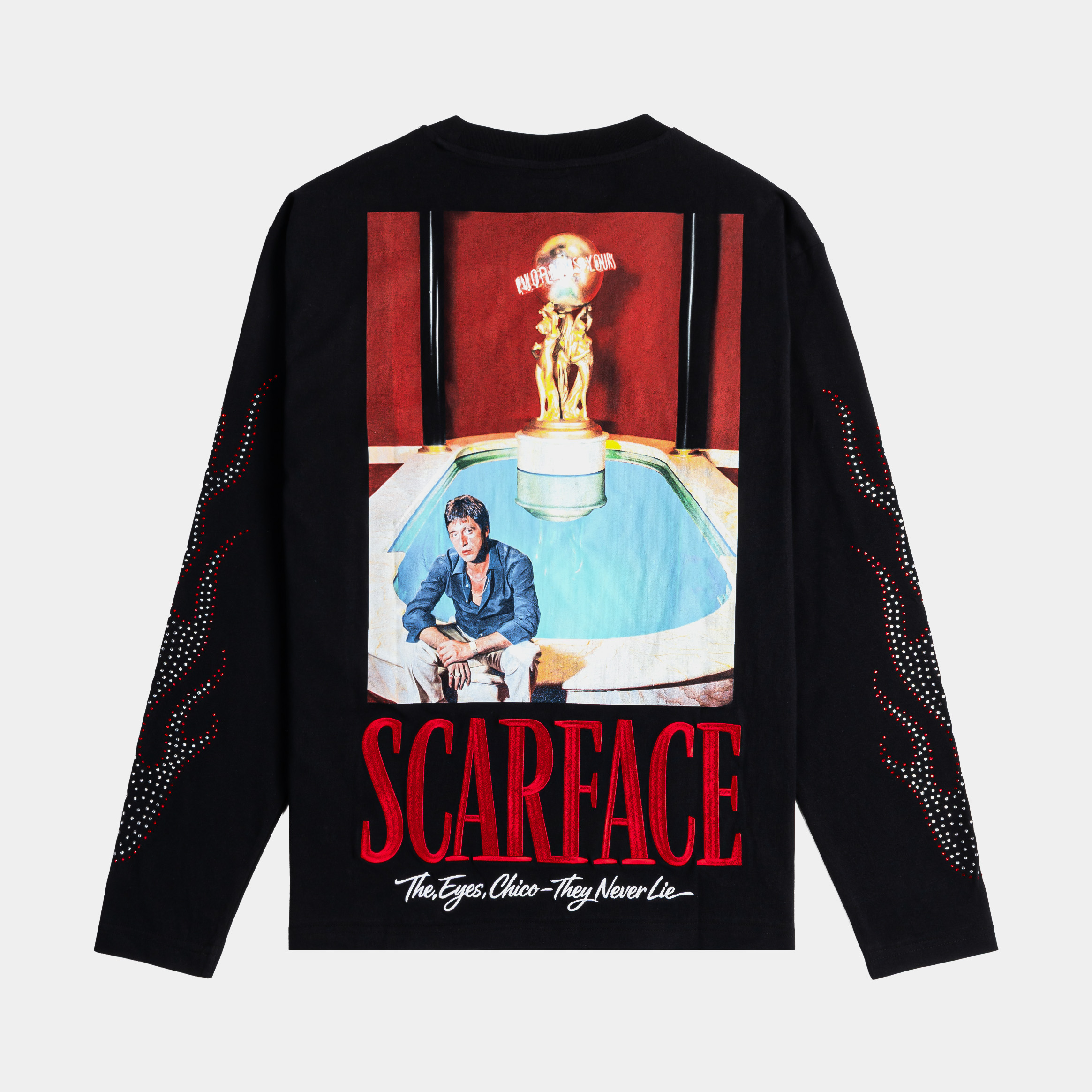 Black long-sleeve shirt with graphic prints and red text.