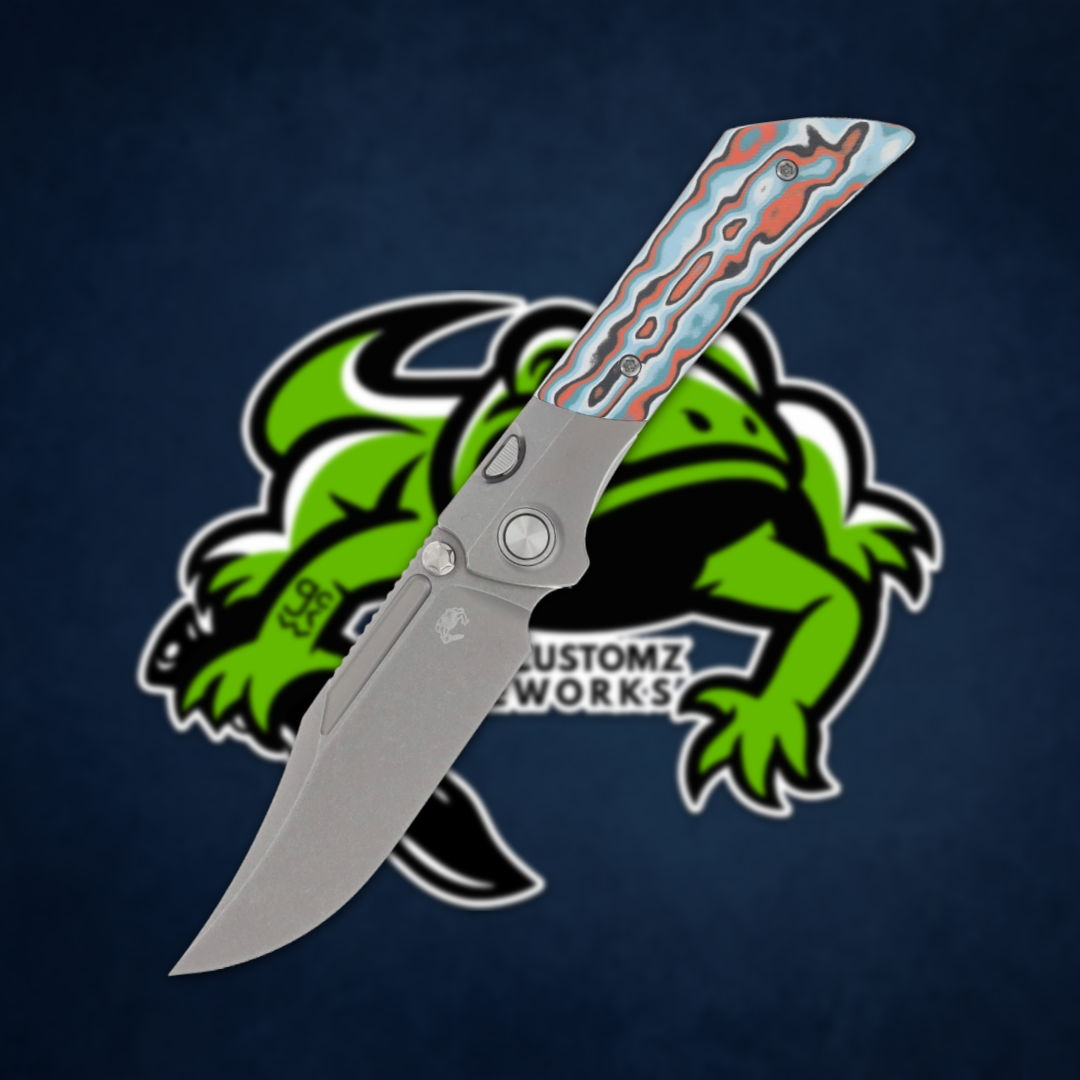 A folding knife with a colorful handle over a lizard logo background.