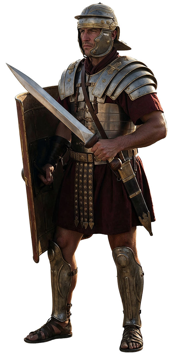 Roman soldier in armor holding a sword and shield.
