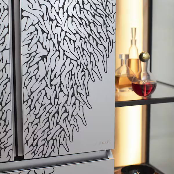 line art on modern glass refrigerator