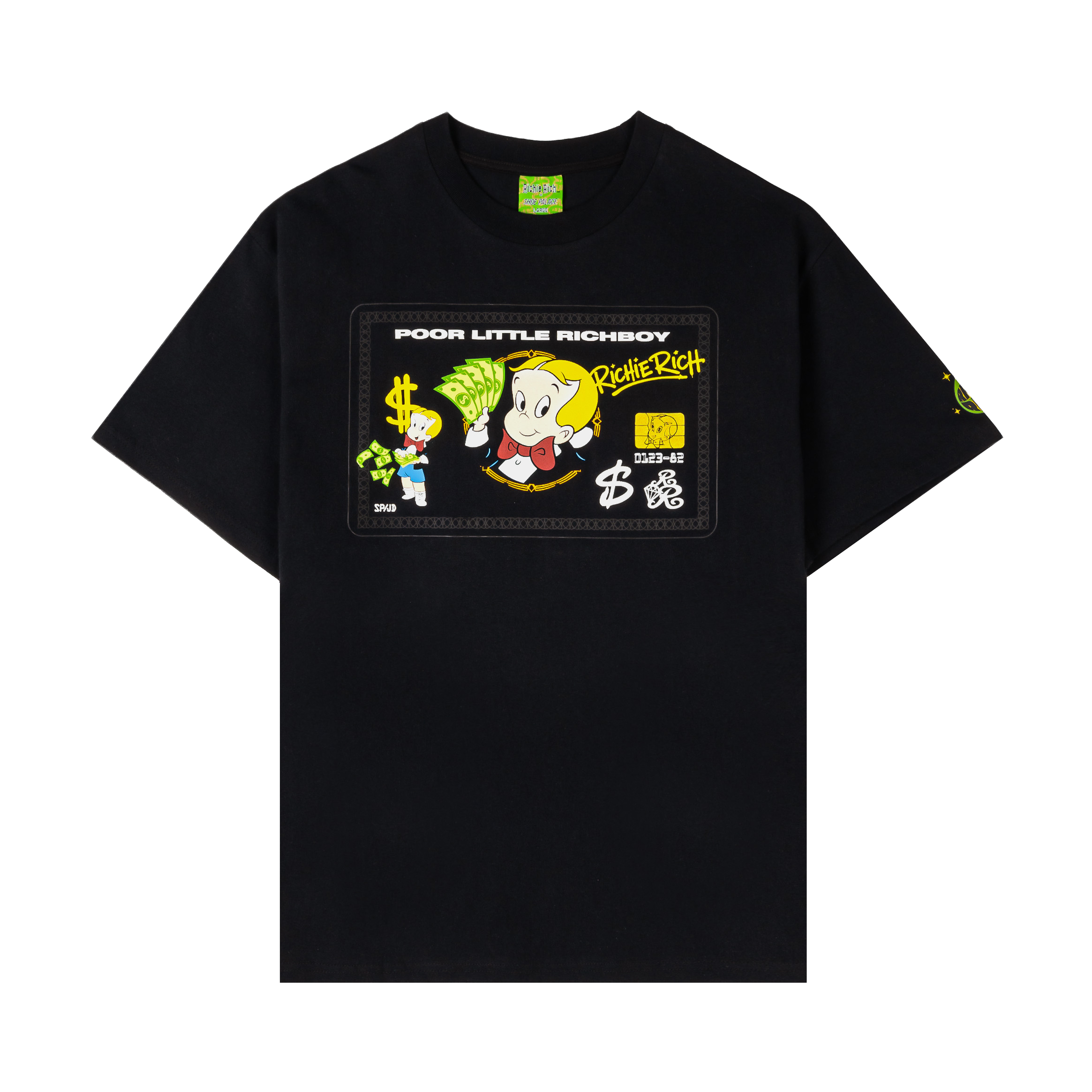 Black t-shirt featuring a colorful graphic design with cartoon characters.