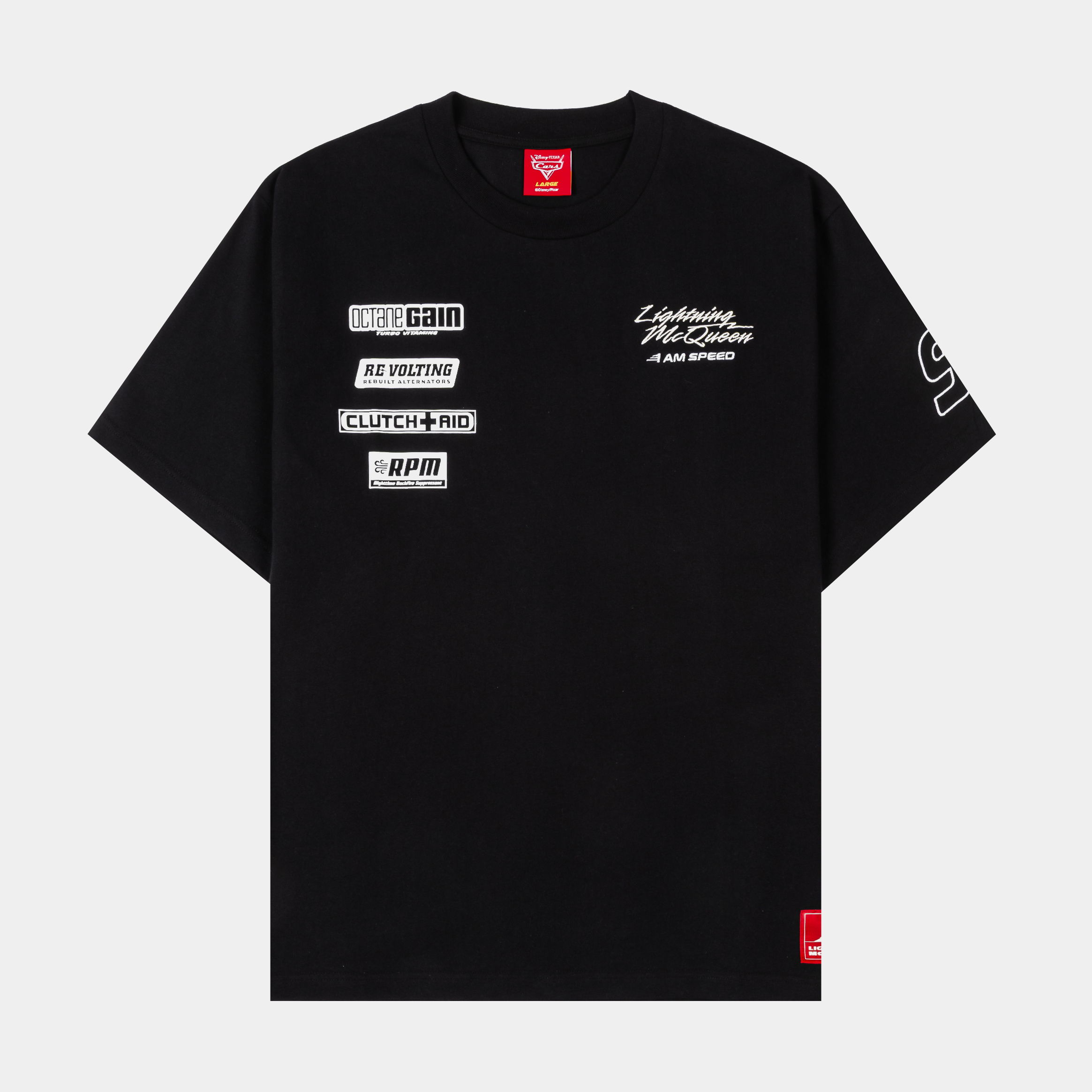 Black t-shirt with various graphic texts and logos printed on it.